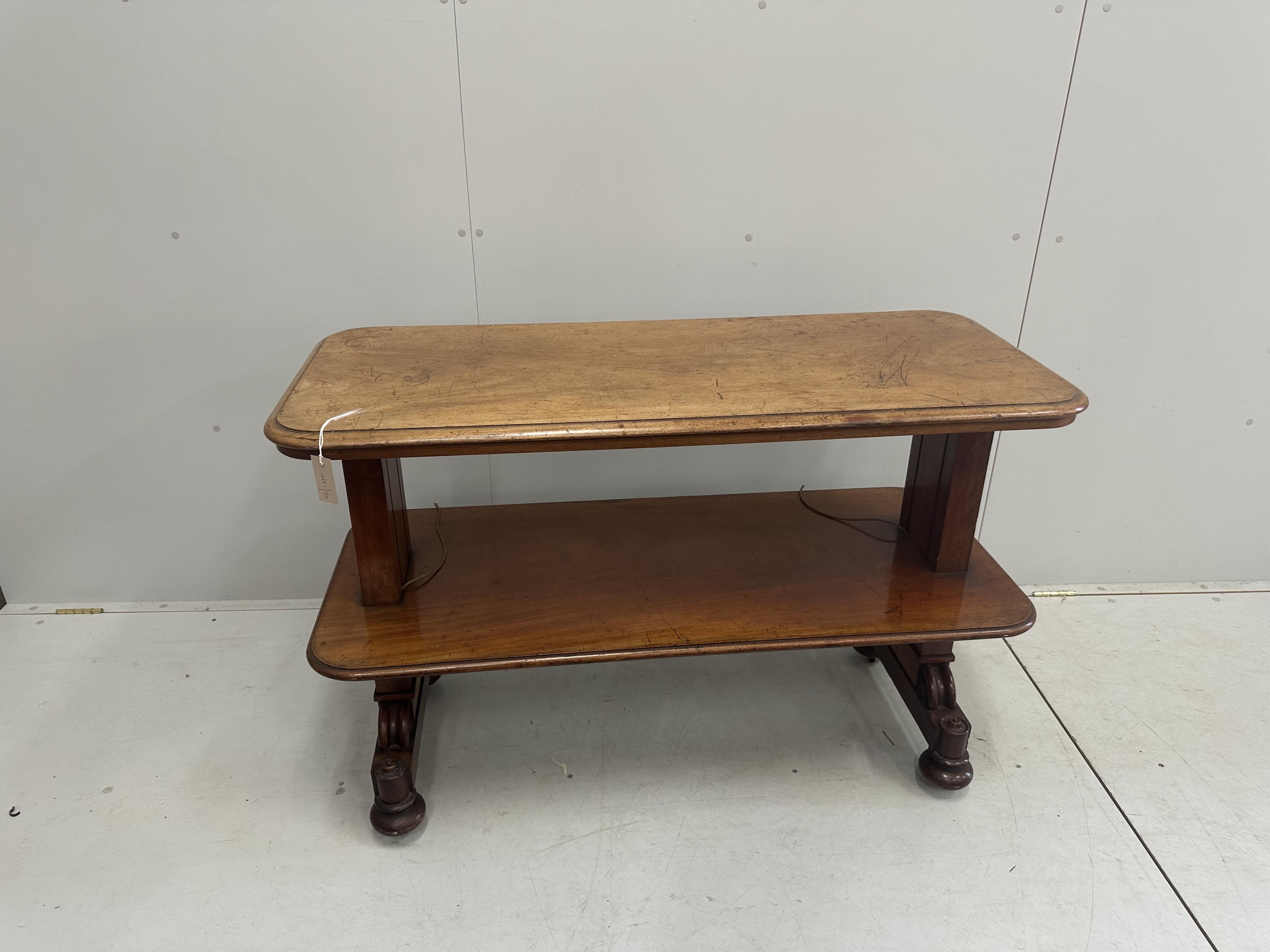 An early Victorian mahogany metamorphic buffet, mechanism inoperable, width 122cm, depth 52cm, height 80cm. Condition - poor to fair